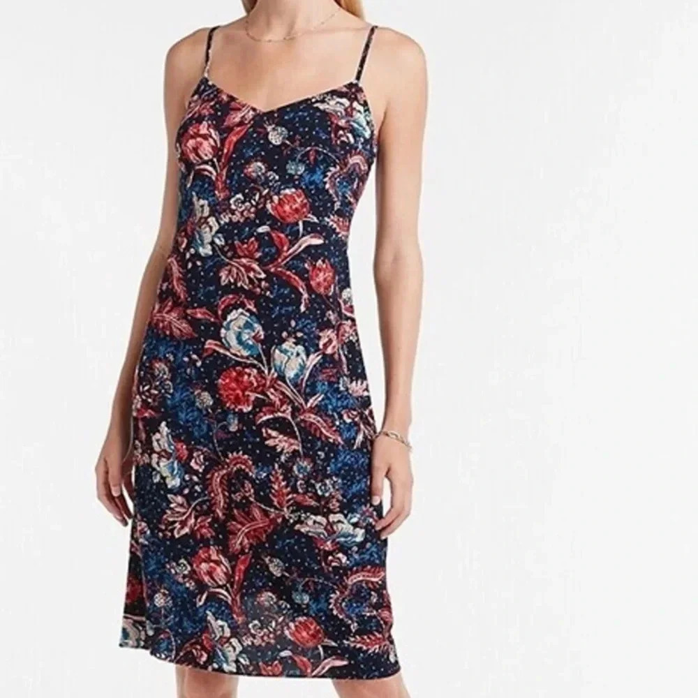 NWT Express Slip Dress Navy Colorful Paisley Design V-Neck Dress Size XS